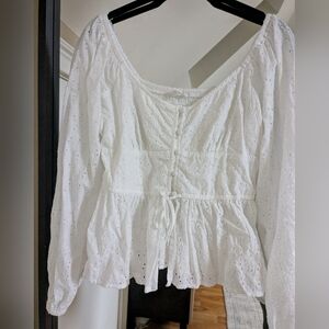 Aerie | White Eyelet Long-Sleeve Blouse